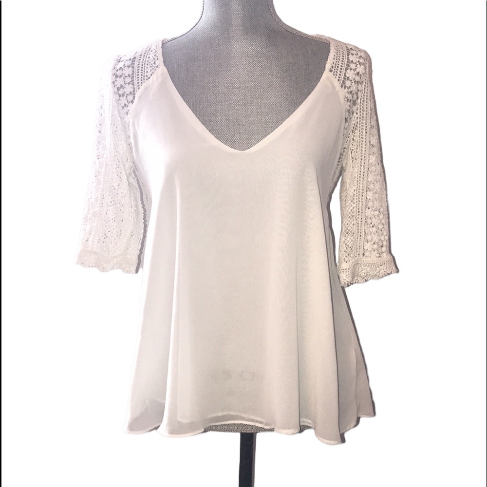 Zara Trafaluc Lace Sleeve Flowy Semi Sheer Boho Top White Size S